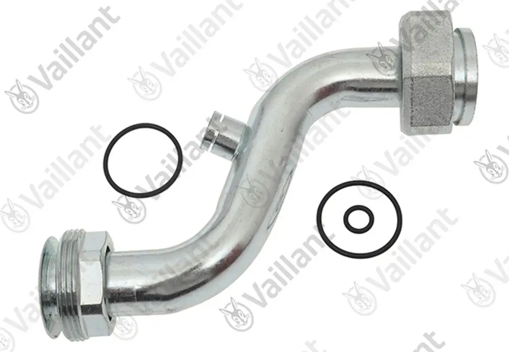 Vaillant Rohr mit gebogenem Design und zwei Anschlussstellen, begleitet von mehreren O-Ringen zur Abdichtung.